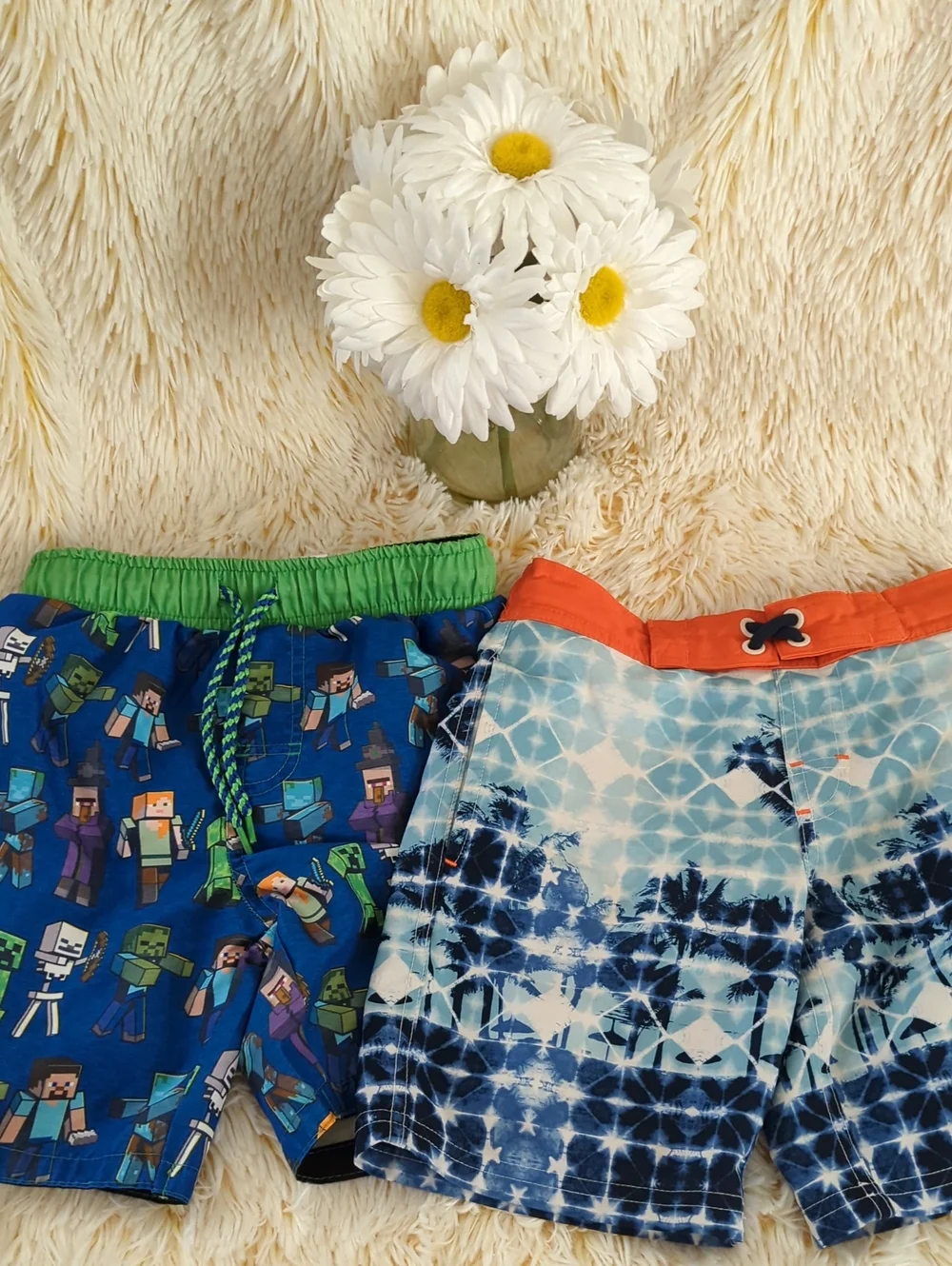 🩳🏊🏻‍♀️2 Boys Swim Shorts Set-Blue Green Minecraft & Blue Orange Prints🏊🏻🩳